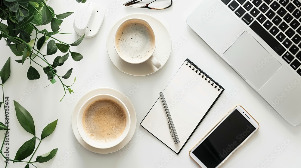 Wall mural top view of office essentials including a notepad laptop coffee cup mouse pad and mobile phone with 