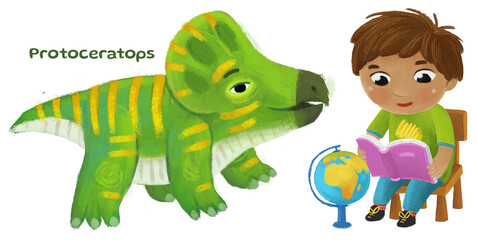 Fototapeta premium cartoon happy and funny colorful prehistoric dinosaur dino protoceratops isolated illustration with child pointing on animal and reading learing school book of natural history