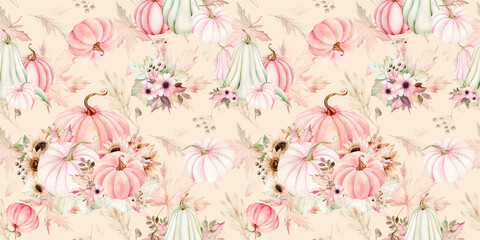 Pumpkins, flowers, berries and leaves seamless pattern. Watercolor illustration in pastel colors on beige background. The drawing is hand drawn. Suitable for cards, invitations and textiles