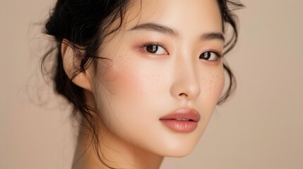 Fototapeta premium Close Up Portrait Of A Woman With Long Black Hair And Soft Makeup Against A Beige Background
