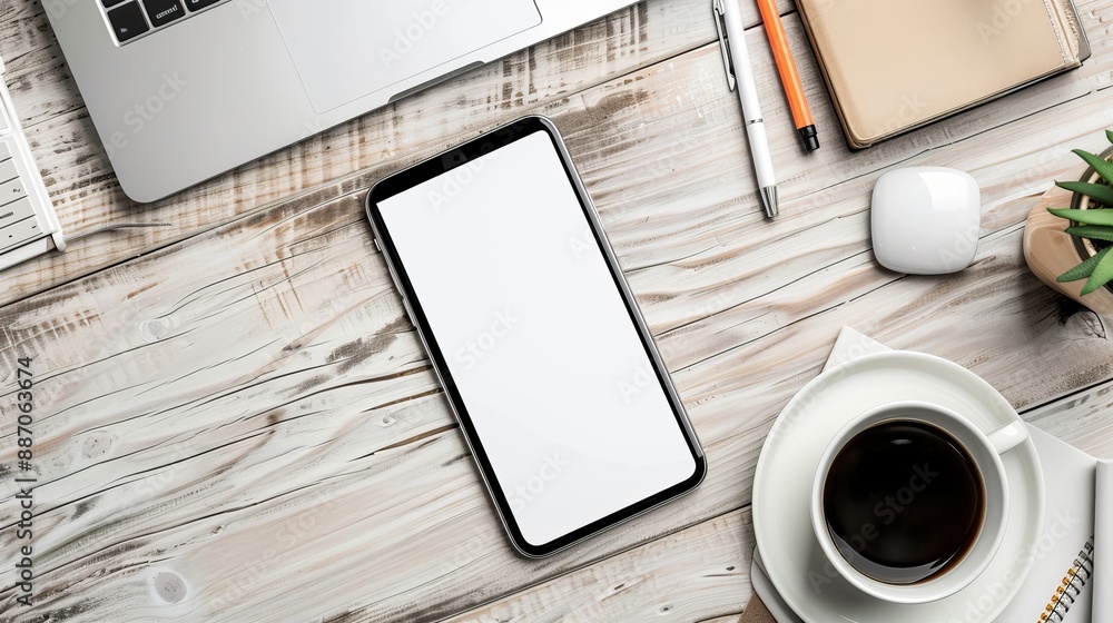 Wall mural top view of office essentials including a notepad laptop coffee cup mouse pad and mobile phone with 