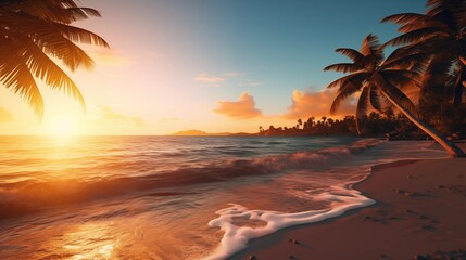 Sunny exotic beach by the ocean with palm trees at sunset summer vacation by the sea photography
