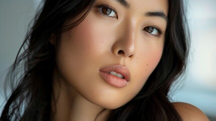 Obraz premium Close-Up Portrait of a Young Woman With Black Hair and Brown Eyes