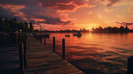 Obraz premium sunset over a pier on with boats on a lake