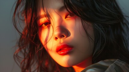 Fototapeta premium Close Up Portrait of a Woman With Red Lipstick and Wavy Hair