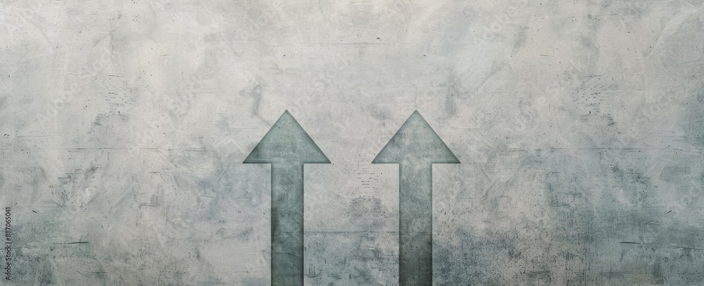 Poster simple grey background with arrows pointing up and down, minimalistic style, large empty space in th