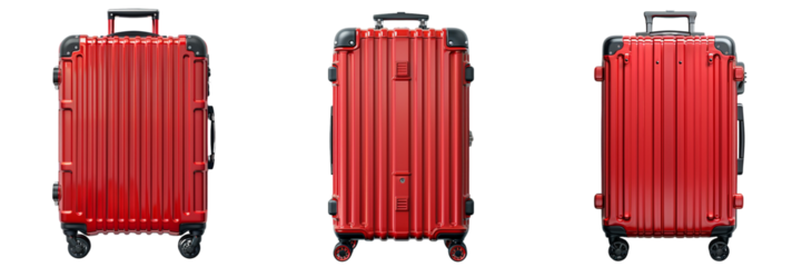 Set of A top view of the a red suitcase, bright red suitcase, parallel to the floor on a transparent background
