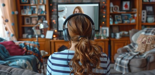 Obraz premium Woman Wearing Headphones Watches Online Video Call in Living Room
