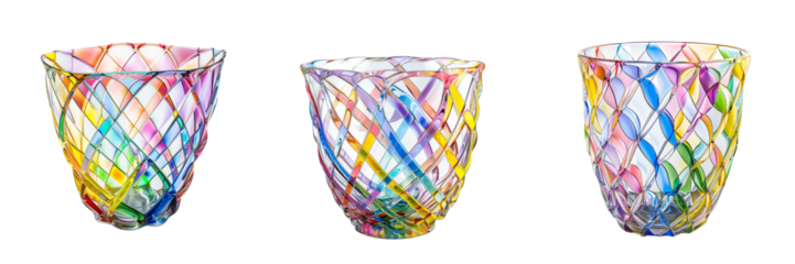 Set of A Triple perspective of a Murano glass cup design, clear glass with intricate colored caning, on a transparent background