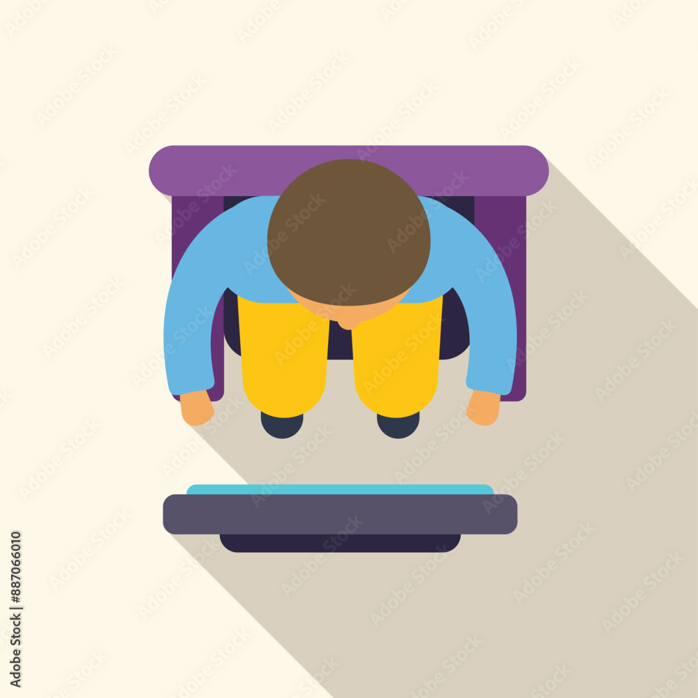 Poster programmer is sitting and working on his computer, seen from a top view