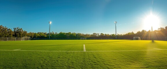 A football field bathed in bright light under a clear blue sky, reflecting a sense of optimism and clarity