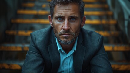 Pensive Middle-Aged Man in a Suit Sitting on Stairs, Ideal for Business and Contemplation Themes, Muted Blue and Brown Color Palette