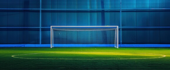 A football field featuring striking blue and white goalposts, standing out against the green pitch, the colors cohesive and dynamic