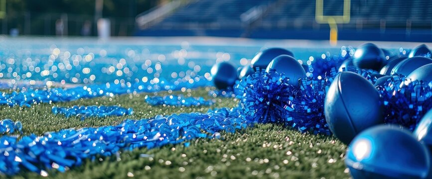 A football field enhanced with thoughtful blue-themed decorations, creating a festive and unified atmosphere