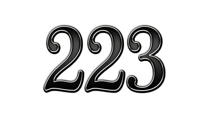 black metal 3d design of number 223 on white background.
