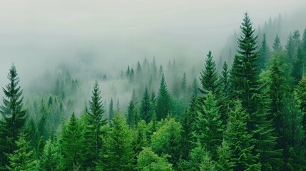 Fototapeta premium Tall evergreen trees stand in a thick forest, blanketed by fog that swirls between the branches