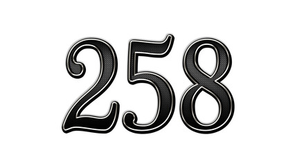 black metal 3d design of number 258 on white background.