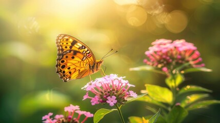 Obraz premium Butterfly resting on pink flower with blurred green backdrop