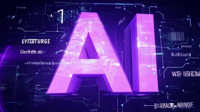 A bright purple AI logo glows against a dark background.