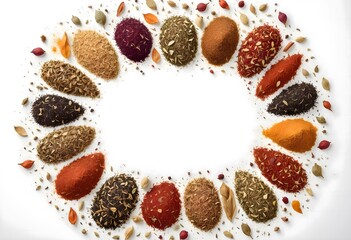 Concept photo of spice types on white background with space for text