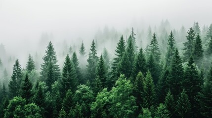 Tall evergreen trees stand in a thick forest, blanketed by fog that swirls between the branches