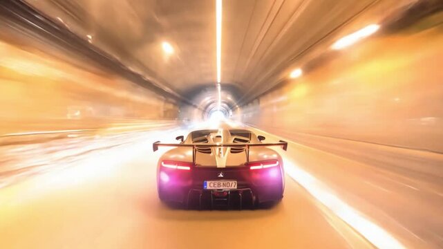 A grey sports car drives quickly through a dark tunnel.