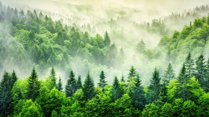 Fototapeta premium Tall evergreen trees stand in a thick forest, blanketed by fog that swirls between the branches