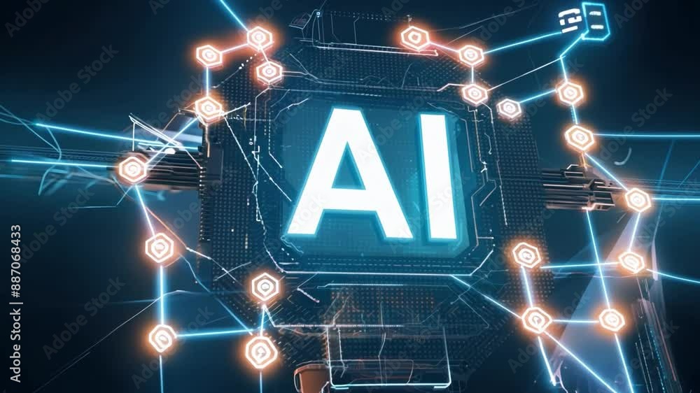 Poster a glowing digital rendering of ai surrounded by circuit boards and energy beams.
