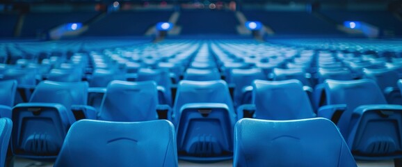 Naklejka premium A football stadium where vibrant blue seats and meticulously placed lights create a dynamic atmosphere, the scene energetic