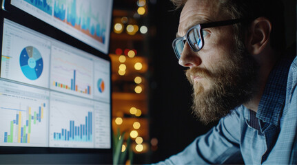 Expert financial analyst deciphering big data on desktop lcd screen for investment success