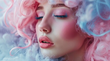 Fototapeta premium Close-Up Portrait of a Woman With Pink and Blue Hair and Makeup