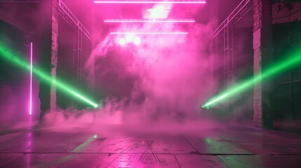 Empty Industrial Space Lit by Pink and Green Lasers