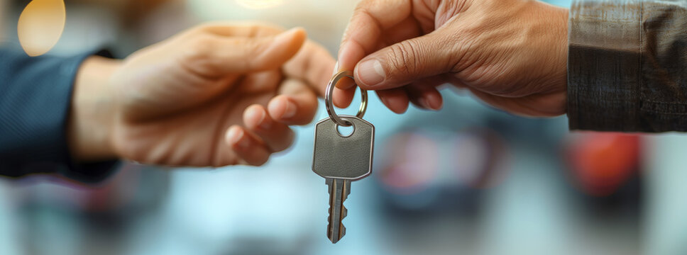 Close-up of a real estate agent handing over keys to a customer in a white minimalist office, copy space concept banner and web design. 