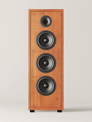 Tall wooden speaker with three drivers in a minimalist setting
