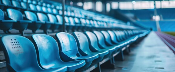 Fototapeta premium A modern football stadium featuring seats colored in a soothing shade of blue, the scene sleek and contemporary