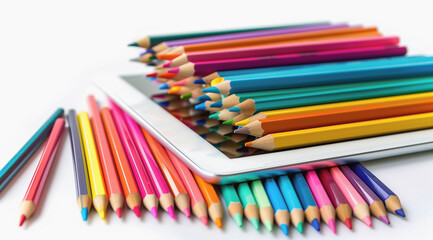 Naklejka premium Colorful Pencils Neatly Arranged on Top of Digital Tablet for Creative Art