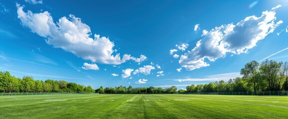 A serene football field under a canopy of blue skies adorned with fluffy white clouds, creating a peaceful atmosphere