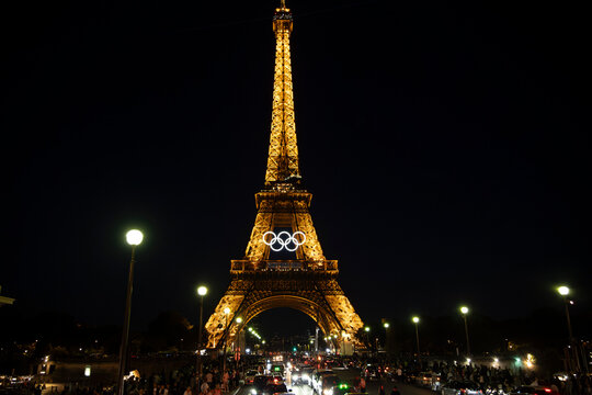 Eiffel Tower with Olympic rings to mark the games taking place in the city