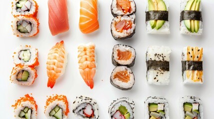 Sushi and rolls on white background shown from above in photo