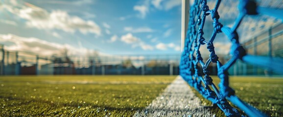 A well-equipped football field featuring blue netting and bold goalposts, showcasing its professional quality
