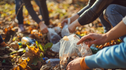 hands picking up trash, showcasing environmental stewardship and teamwork