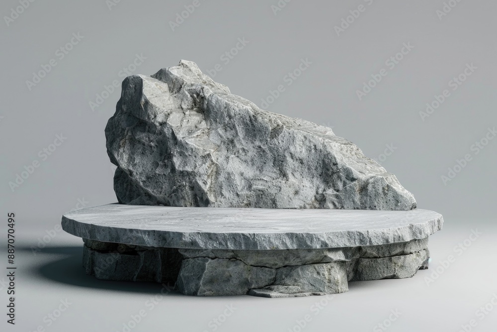 Poster a large rock sitting on a table with a simple wooden or metal surface