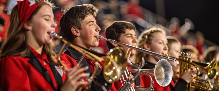Band performing in the stands at a high school football game, adding to the festive and lively atmosphere
