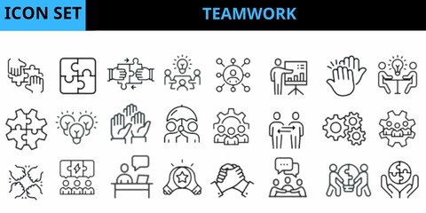 Teamwork line icons set. Teamwork outline icons with editable stroke collection.