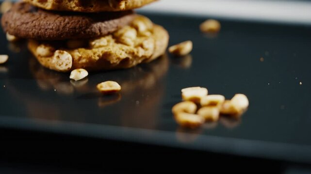 close up on black and blue background flat plate with cookie cookies built in a pyramid sweet kitchen nuts scattered
