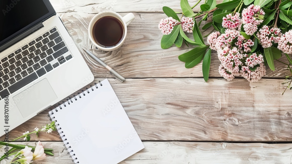 Wall mural work from home concept office desk setup with a laptop blank notepad coffee cup and pen on a wooden 