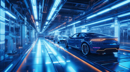 Fototapeta premium Modern Car Manufacturing Line with Robotic Arms in a High-Tech Factory