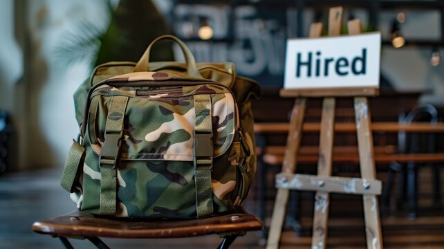 Camouflage backpack on chair near "Hired" sign