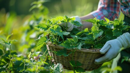 Harvesting stinging nettle at springtime Woman with gardening gloves picking fresh green nettle plant into wicker basket