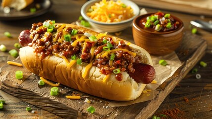 Chili cheese hot dog topped with green onions and served chili on side